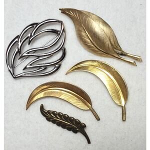 Vintage Leaf Brooch 5 Pc Lot Mixed Metal Gold & Silver Tone Foliage Pins